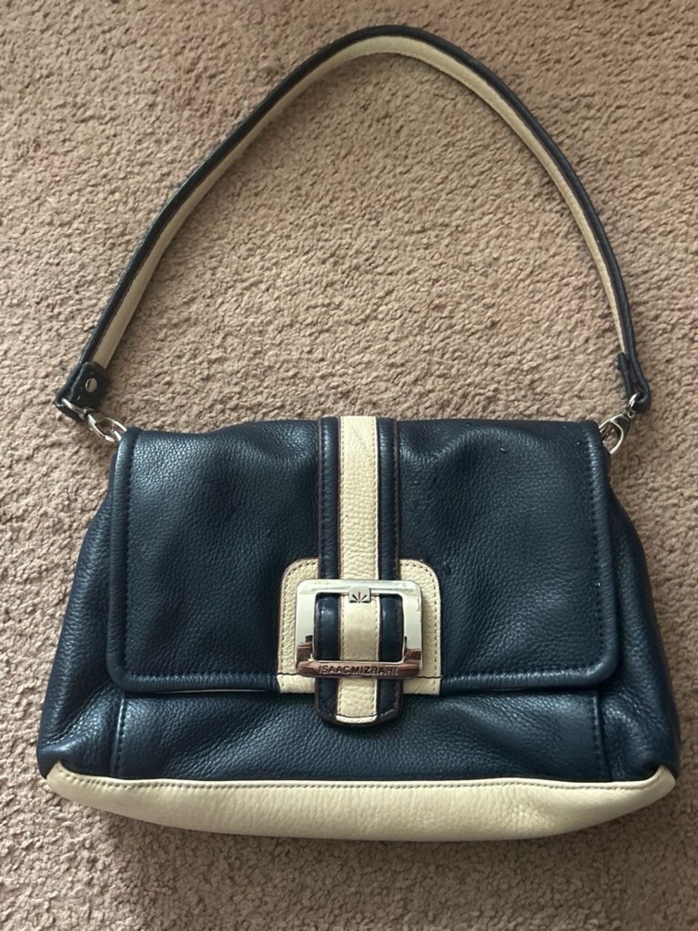 Isaac Mizrahi Black and Cream Leather Shoulder Bag with Buckle Detail